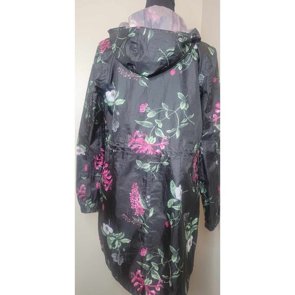Joules Right as Rain Collection for Nordstrom Black Floral Rain Jacket Hood Sz 2 - Picture 3 of 4
